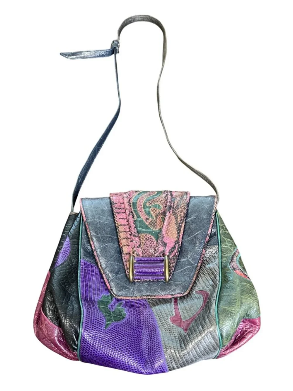 Sharif Vintage Patchwork Leather Shoulder Bag Purple Gray Adjustable-Strap